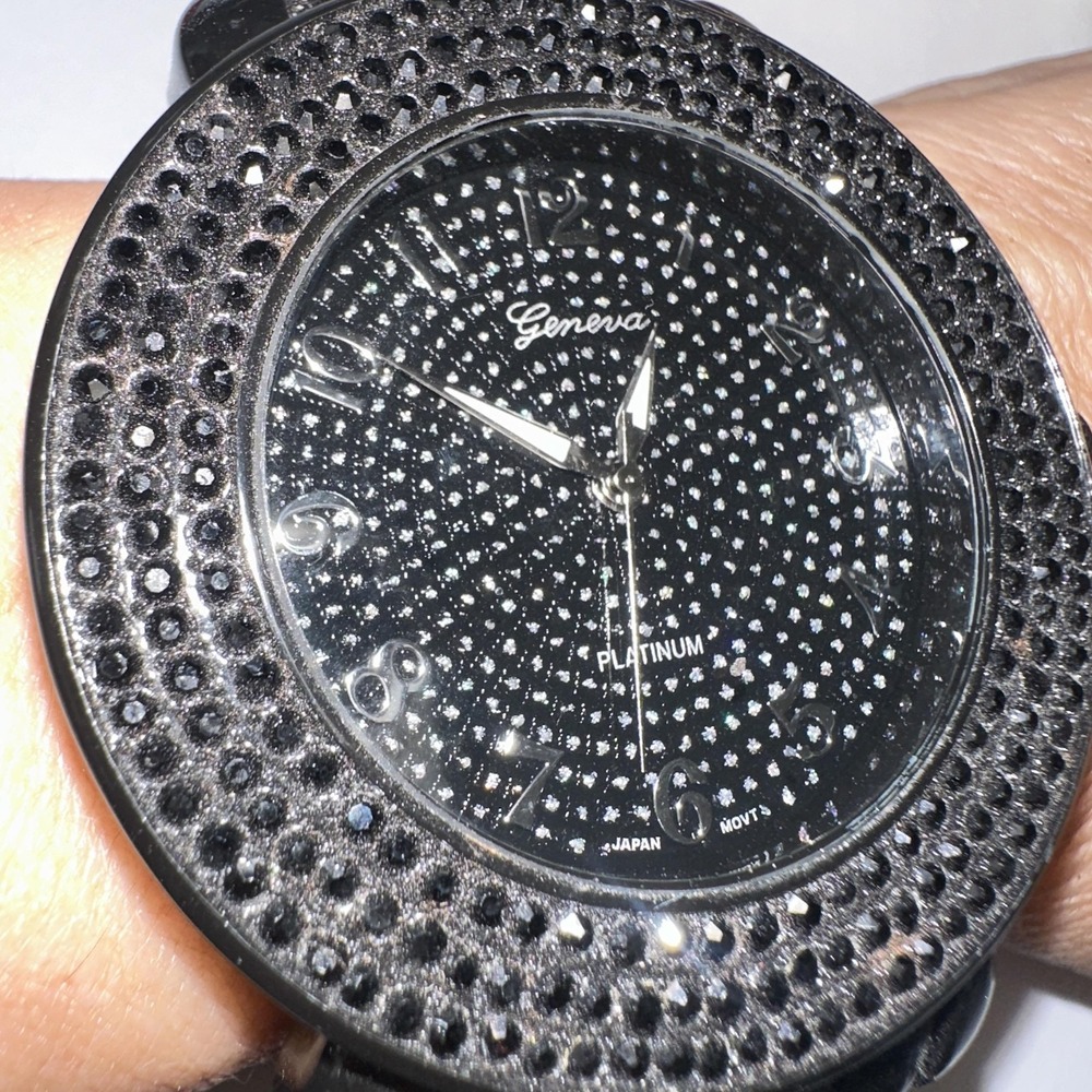 Geneva Watch 45mm Black Dial Crystal Bezel Black Acrylic Bracelet Oversized Glam